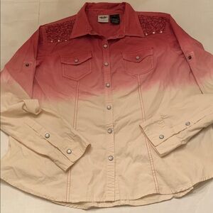 Harley Davidson Womens Pink & White Ombre Western Shirt Size XL Bling Biker Chic